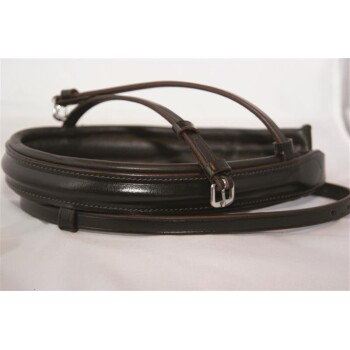 Eine gerollte schwarze Lederleine für Hunde mit einer silbernen Schnalle, die auf einem weißen Hintergrund liegt.