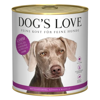 Dose Dog's Love Hundefutter mit Lammgeschmack, getreidefreie Rezeptur, hergestellt in Österreich, mit Kartoffel, Kürbis und Aprikose.