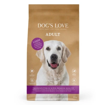 Emballage de nourriture pour chiens Dog's Love Adult mettant en avant un golden retriever, étiqueté avec "Lamm" (agneau) et un poids de "12 kg".