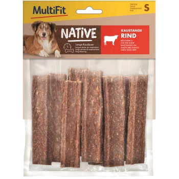 Bâtonnets à mâcher MultiFit Native au bœuf dans un emballage transparent, étiquetés "Lange Kaudauer" et "KAUSTANGE RIND," adaptés pour une longue mastication.