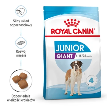 Torba z karmą dla psów Royal Canin Junior Giant z bernardynem, podkreślająca wsparcie odporności, wzrost mięśni i odpowiedni rozmiar krokietów.