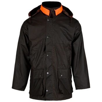 Dunkelbraune Jagdjacke mit leuchtend orangefarbenem Kragen und vorderen Druckknöpfen, entworfen für Outdoor-Hundebesitzer.