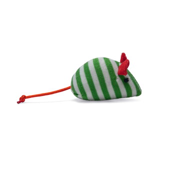 Grün-weiß gestreiftes Stoff-Katzenspielzeug in Form einer Maus mit roten Ohren und orangefarbener Schwanzspitze auf weißem Hintergrund.