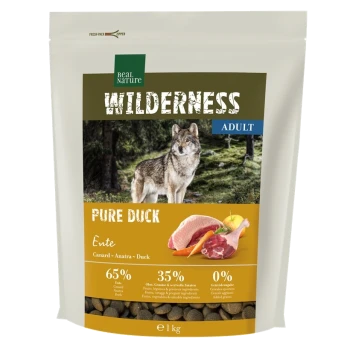 Bag of Real Nature Wilderness dog food, "Pure Duck," with 65% duck, 35% fruits/vegetables, and no added grains, featuring a wolf.