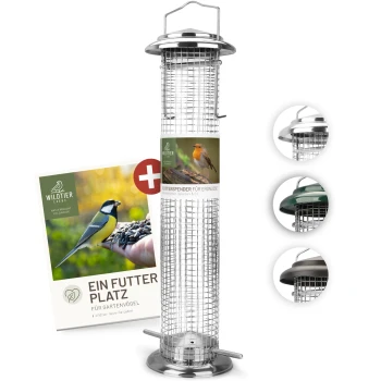 Vogelfutterspender für Gartenvögel, mit einem Metallgitterdesign, mit einer Werbekarte, die einen Vogel und den Text 'Ein Futter Platz' zeigt.