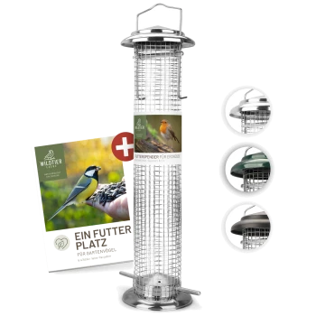 Vogelfutterspender für Gartenvögel, mit einem Metallgitterdesign, mit einer Werbekarte, die einen Vogel und den Text 'Ein Futter Platz' zeigt.