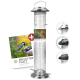 Vogelfutterspender für Gartenvögel, mit einem Metallgitterdesign, mit einer Werbekarte, die einen Vogel und den Text 'Ein Futter Platz' zeigt.