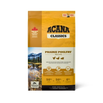 ACANA Classics Prairie Poultry Hundefuttertüte mit Bergkulisse, die Huhn, Truthahn und Ansprüche auf Antioxidantien und Omega-3 zeigt.