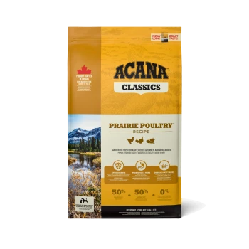 ACANA Classics Prairie Poultry Hundefuttertüte mit Bergkulisse, die Huhn, Truthahn und Ansprüche auf Antioxidantien und Omega-3 zeigt.