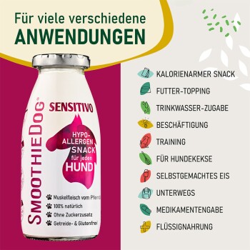 Flasche SmoothieDog Sensitivo — 'Hypo-Allergen Snack für jeden Hund'; Überschrift: 'Für viele verschiedene Anwendungen'.