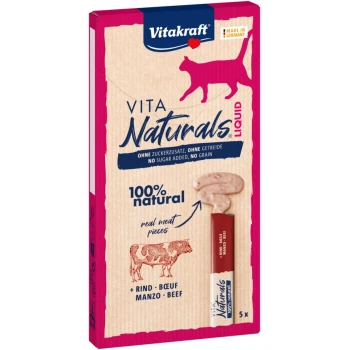Przekąska Naturals Liquid Snack Wołowina 11x5 szt Różowe opakowanie przysmaków dla kotów Vitakraft Vita Naturals, z sylwetką kota i zapewnieniami o "100% naturalności" oraz "prawdziwych kawałkach mięsa."