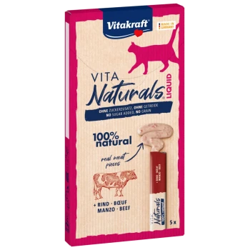Emballage rose pour les friandises pour chats Vitakraft Vita Naturals, présentant une silhouette de chat et des affirmations de "100 % naturel" et "morceaux de viande réelle."