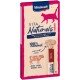 Roze verpakking voor Vitakraft Vita Naturals kattensnoepjes, met een katten silhouet en claims van "100% natuurlijk" en "echte vleesstukken."