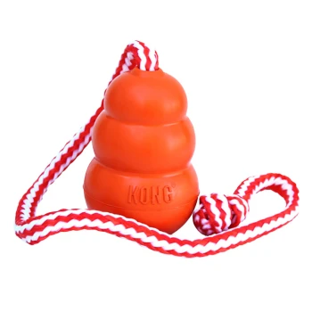 Jouet Aqua avec corde Jouet pour chien KONG orange avec une corde attachée, présentant un design empilé et un petit nœud à l'extrémité de la corde.