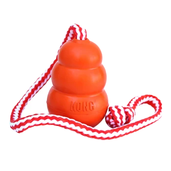 Orange KONG dog toy with a rope attached, featuring a stacked design and a small knot at the end of the rope.