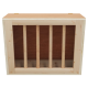 Holz-Haustierkäfig mit einem klappbaren Deckel, mit vertikalen Holzstäben und einem braunen Innenraum, entworfen für kleine Tiere.
