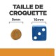 Image montrant deux tailles de croquettes pour animaux : une croquette ronde mesurant 9 mm à côté d'un dé bleu mesurant 16 mm, étiquetée "TAILLE DE CROQUETTE."