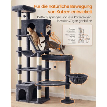 Grau mehrstufiger Kratzbaum mit drei Katzen, Hängematte, Kratzstämmen und Spielzeug; deutsche Überschrift über die natürliche Bewegung von Katzen.