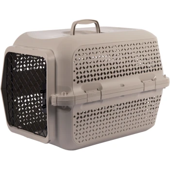 Beige plastic pet carrier with ventilation holes and a black metal front door, featuring a top handle for carrying.