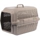 Beige plastic pet carrier with ventilation holes and a black metal front door, featuring a top handle for carrying.