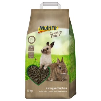 Ein 5 kg Beutel MultiFit Country Pellets für Zwergkaninchen, mit zwei Kaninchen auf der Vorderseite, mit einem herzförmigen Fenster, das die Pellets im Inneren zeigt.