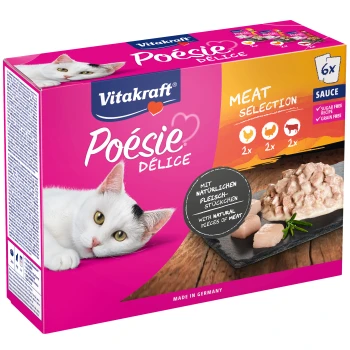 Poésie Delice Adult 6x85g Fleisch, in Sauce Vitakraft Poésie Délice Katzenfutterverpackung mit einer weißen Katze, mit hervorgehobenem "Fleischauswahl", die natürliche Fleischstücke in Sauce zeigt.