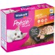 Vitakraft Poésie Délice Katzenfutterverpackung mit einer weißen Katze, mit hervorgehobenem "Fleischauswahl", die natürliche Fleischstücke in Sauce zeigt.