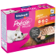 Vitakraft Poésie Délice Katzenfutterverpackung mit einer weißen Katze, mit hervorgehobenem "Fleischauswahl", die natürliche Fleischstücke in Sauce zeigt.