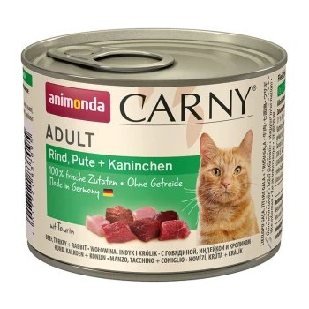 Carny Nassfutter Katze Adult Rind, Pute und Kaninchen 6x200 g Dose Katzenfutter, beschriftet mit 'Animonda Carny Adult', mit Rind, Truthahn und Kaninchen, mit einem Bild einer orangefarbenen Katze und Text auf Deutsch.