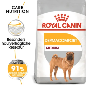 Royal Canin Dermacomfort Hundefutterbeutel für mittelgroße Hunde mit einem Shar Pei-Hund, mit Text, der Hautverträglichkeit und 91% Zufriedenheit der Besitzer hervorhebt.