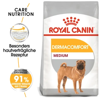 Royal Canin Dermacomfort Hundefutterbeutel für mittelgroße Hunde mit einem Shar Pei-Hund, mit Text, der Hautverträglichkeit und 91% Zufriedenheit der Besitzer hervorhebt.