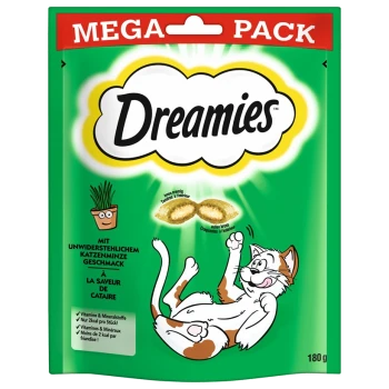 Grüne Verpackung von Dreamies Katzenleckerlis, mit einer verspielten Cartoonkatze und Text, der den unwiderstehlichen Katzenminzgeschmack hervorhebt, 180g.