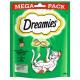 Emballage vert de friandises pour chats Dreamies, présentant un chat cartoon joueur et un texte mettant en avant la saveur irrésistible de l'herbe à chat, 180g.