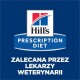 Logo diety weterynaryjnej Hill's Prescription Diet na niebieskim tle, z polskim tekstem mówiącym "Zalecane przez weterynarzy."