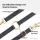 Schwarze Leder-Hundeleine mit goldenen Beschlägen, ausgestattet mit verstellbarer Länge und detaillierter Verarbeitung. Der Text hebt die Designeigenschaften hervor.