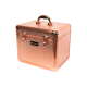 Ein roségoldenes Pflegeetui für Haustiere mit einem schwarzen EQUIVA-Logo, mit einem stabilen Griff und Metallverschlüssen.