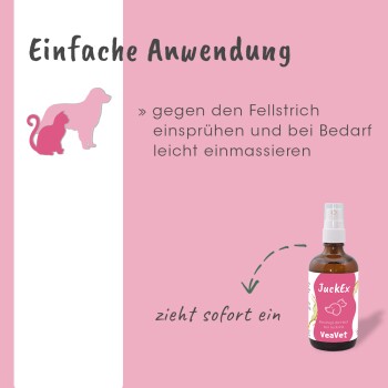 Ein hellbrauner Hund kratzt sich am Ohr neben einer "JuckEx"-Sprühflasche, mit einem Text, der nach Juckreiz fragt und Hautlinderung fördert.