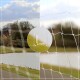 Bild eines Schutznetzes mit einer Nahaufnahme, die eine Maschenweite von 2,5 cm zeigt, mit Blick auf einen Teich und Grün unter einem bewölkten Himmel.