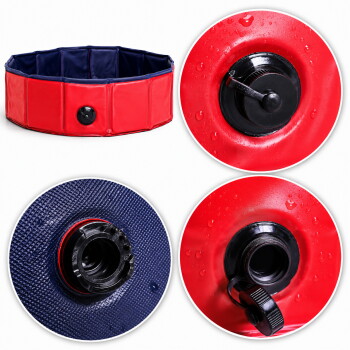 Roter und marineblauer Haustierpool mit einem schwarzen Ablassventil, das die Struktur des Pools und die Details des Ventilsystems zeigt.