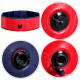 Roter und marineblauer Haustierpool mit einem schwarzen Ablassventil, das die Struktur des Pools und die Details des Ventilsystems zeigt.