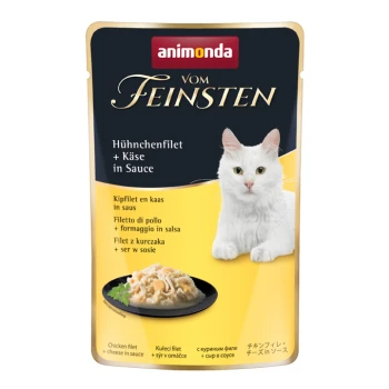 Vom Feinsten 18x50g mit Hühnchenfilet und Käse, in Sauce Katzenfutterbeutel mit einer weißen Katze, mit der Bezeichnung "animonda vom Feinsten," mit "Hühnchenfilet + Käse in Sauce" und Bildern von Hähnchenfilet in Sauce.