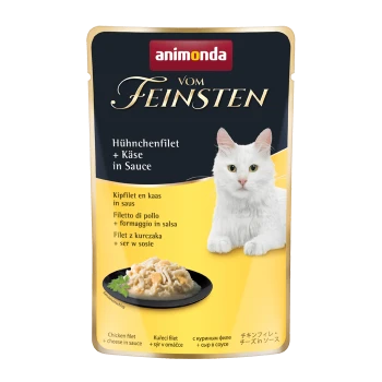 Kattenvoer zakje met een witte kat, gelabeld 'animonda vom Feinsten,' met 'Hühnchenfilet + Käse in Sauce' en afbeeldingen van kipfilet in saus.