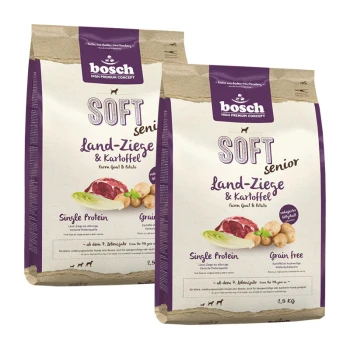 Zwei 2,5 kg Beutel Bosch Soft Senior Hundefutter, beschriftet mit "Land-Ziege & Kartoffel," mit "Single Protein" und "Getreidefrei."