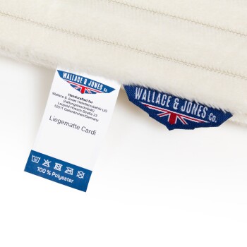 Weiße Haustiermatte mit einem Etikett, das "Wallace & Jones Co." und "Liegematte Cardi" liest, aus 100% Polyester.
