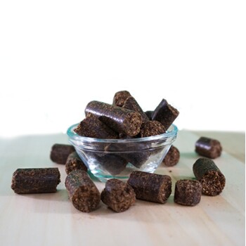 Eine klare Glasschüssel gefüllt mit kleinen, dunkelbraunen Haustierfutterpellets, umgeben von verstreuten Pellets auf einer Holzoberfläche.