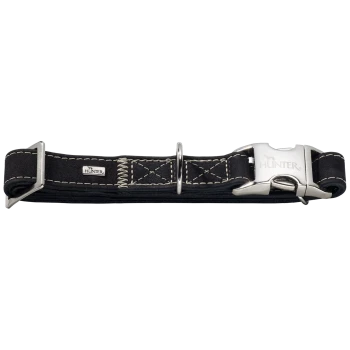 Schwarzes Hundehalsband mit silberner Schnalle und Nähdetails, mit dem Markennamen "HUNTER" auf einem kleinen Etikett.