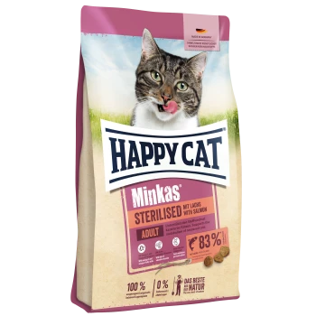 Happy Cat Minkas sterilisiertes Katzenfutter für erwachsene Katzen mit Lachs, 83 % Lachsanteil, hergestellt in Deutschland, ohne Zuckerzusatz.