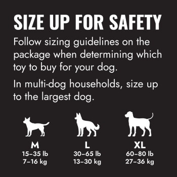 SIZE UP FOR SAFETY: dog toy sizes M 15–35 lb (7–16 kg), L 30–65 lb (13–30 kg), XL 60–80 lb (27–36 kg)