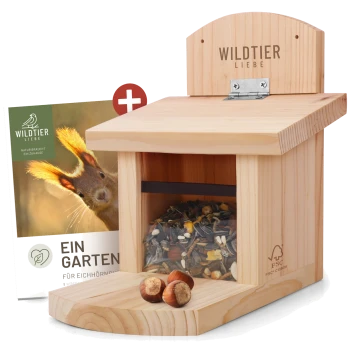 Holz-Eichhörnchenfütterer mit einem transparenten Fach, gefüllt mit Samen und Nüssen, begleitet von einer Verpackung mit der Aufschrift "Ein Garten für Eichhörnchen."