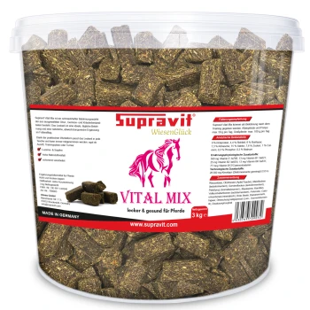 3 kg Eimer Supravit Vital Mix Pferdeleckerlis, braune Heupellets, rosa Pferdelogo, 'lecker & gesund'.